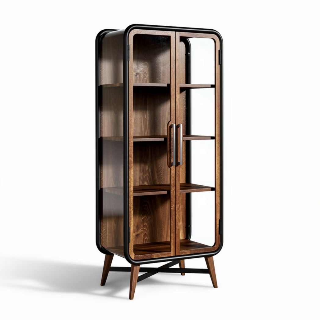 Glass and Wood Display Cabinet for Living Room or Office Use, featuring Wooden Shelves and Glass Doors, 80 x 40 x 150cm